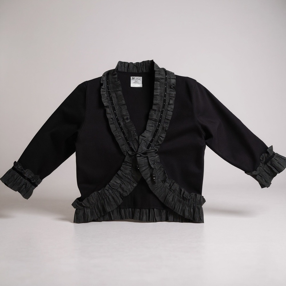 Chagall Black Ruffled Cardigan with Velvet and Silver Details